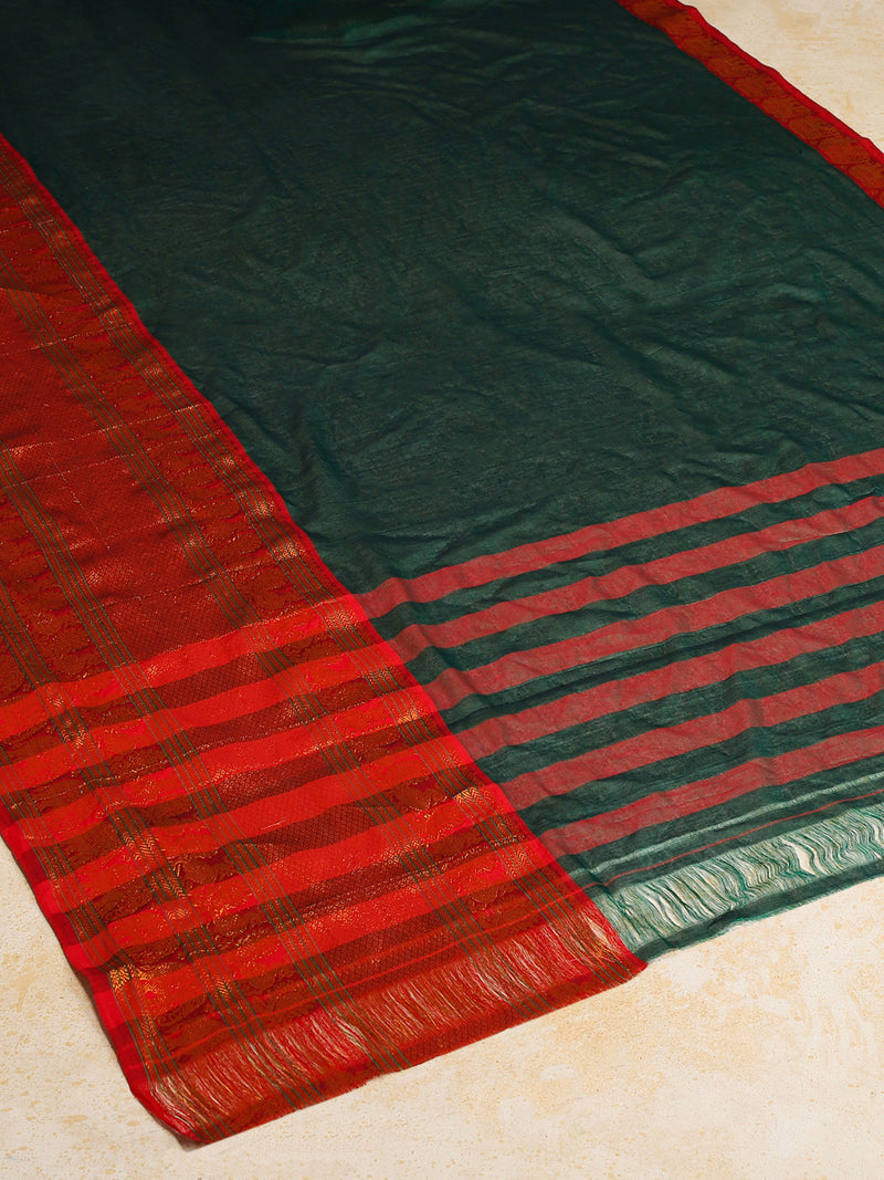 Bottle Green Big Border Handloom Cotton Narayanpet Saree-Binks