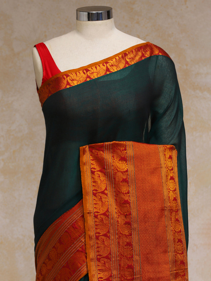 Bottle Green Big Border Handloom Cotton Narayanpet Saree-Binks