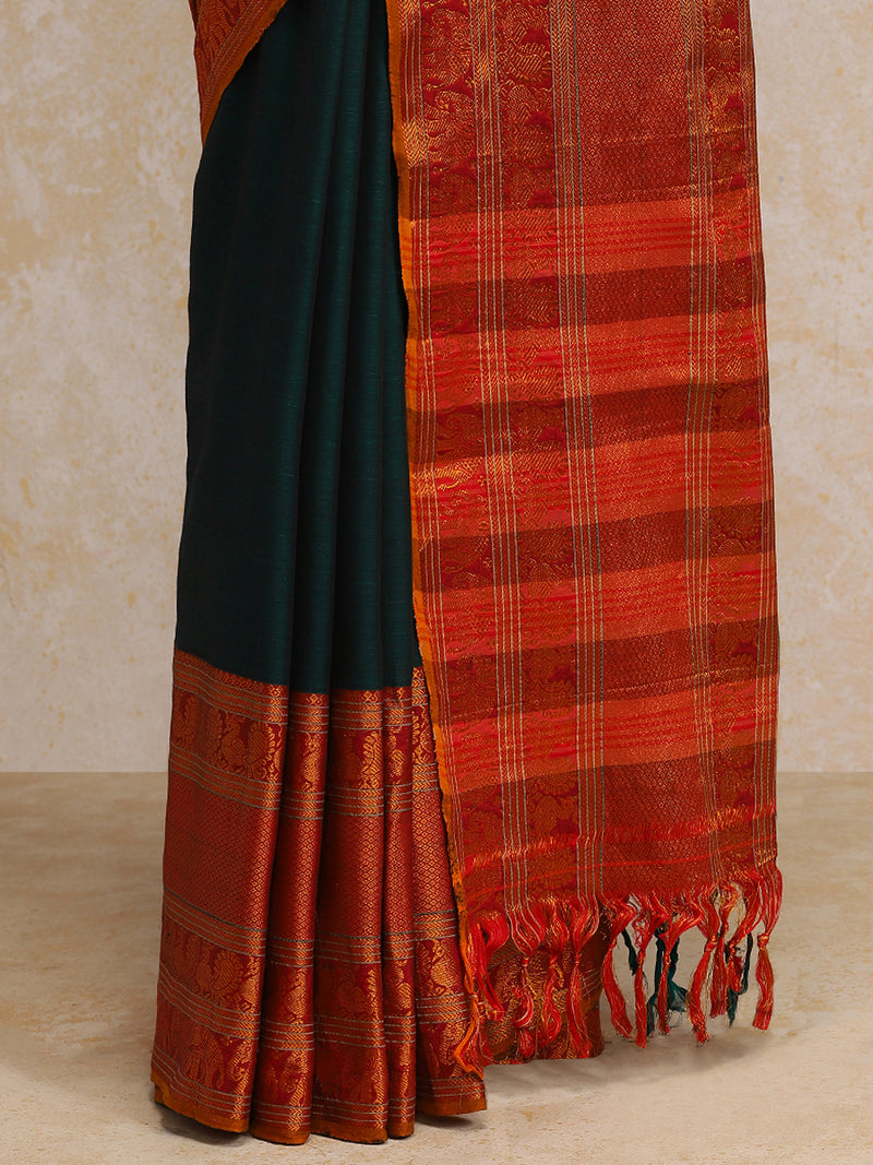 Bottle Green Big Border Handloom Cotton Narayanpet Saree-Binks