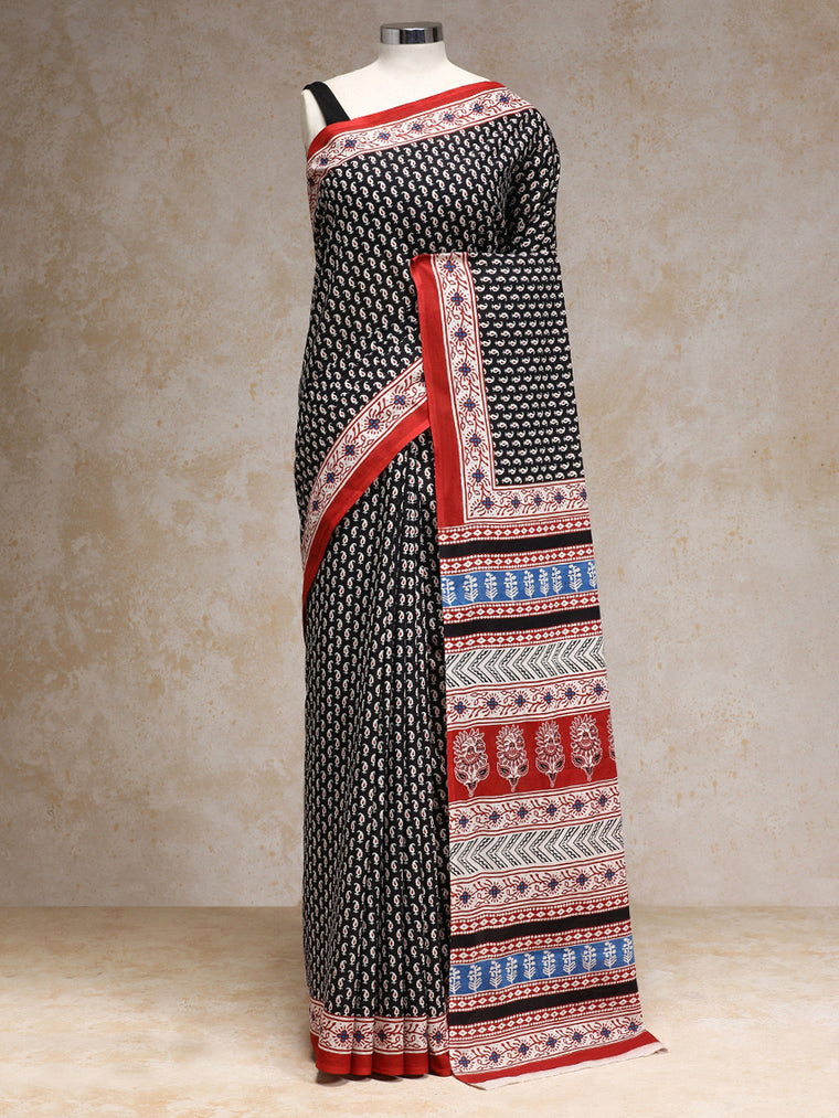 Black Paisley Handblock Printed Mulmul Saree, in Black 100% Cotton, made for daily & work.