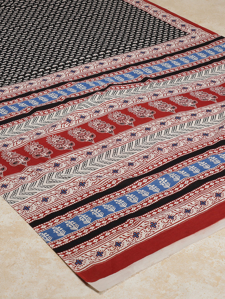 Black Paisley Handblock Printed Mulmul Saree, in Black 100% Cotton, made for daily & work (view 2).