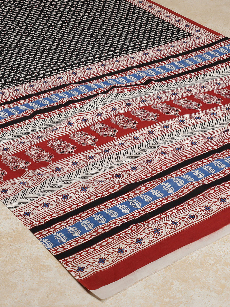 Black Paisley Handblock Printed Mulmul Saree-Binks