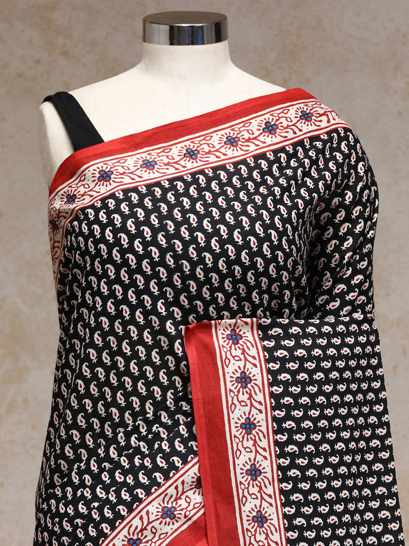 Black Paisley Handblock Printed Mulmul Saree-Binks