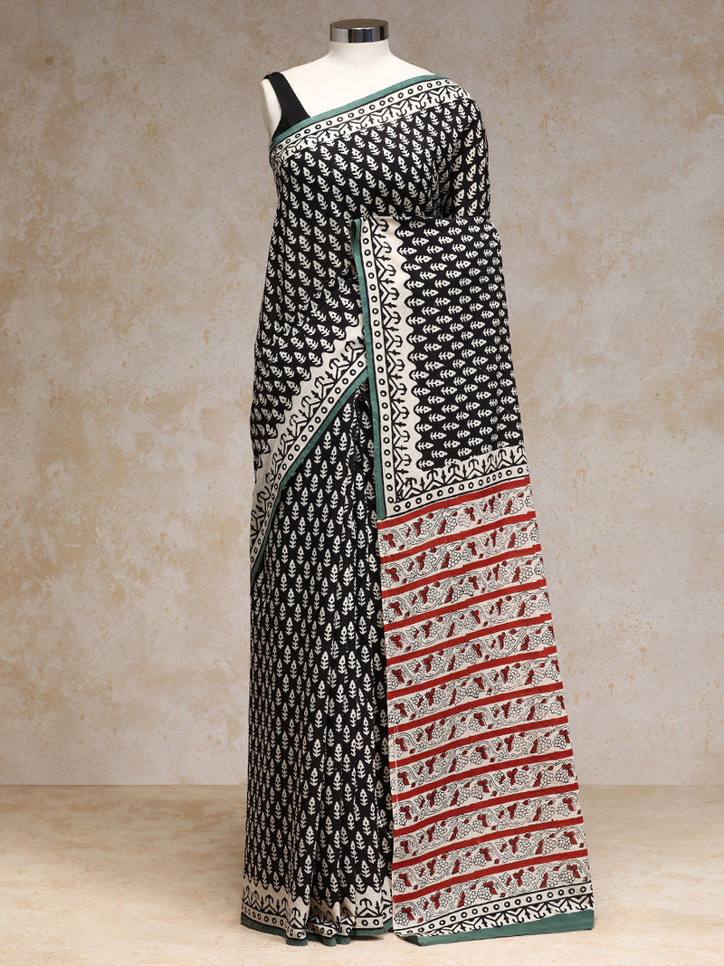 Black Floral Motif Handblock Printed Mulmul Saree-Binks