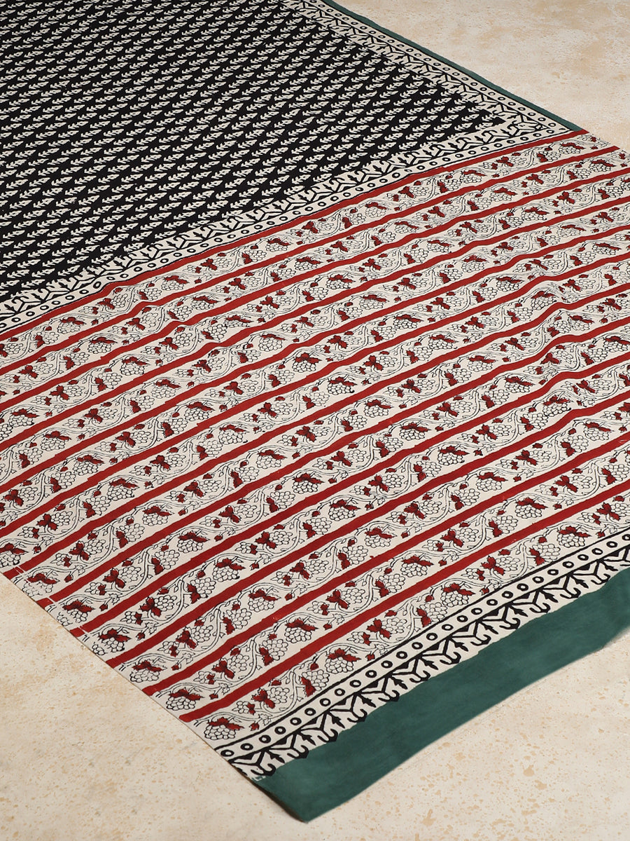 Black Floral Motif Handblock Printed Mulmul Saree, in Black 100% Cotton, made for daily & work (view 2).