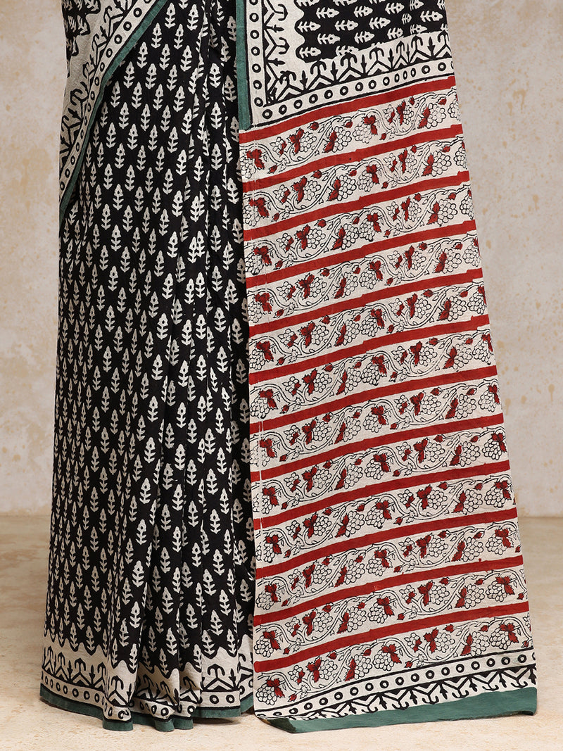 Black Floral Motif Handblock Printed Mulmul Saree-Binks