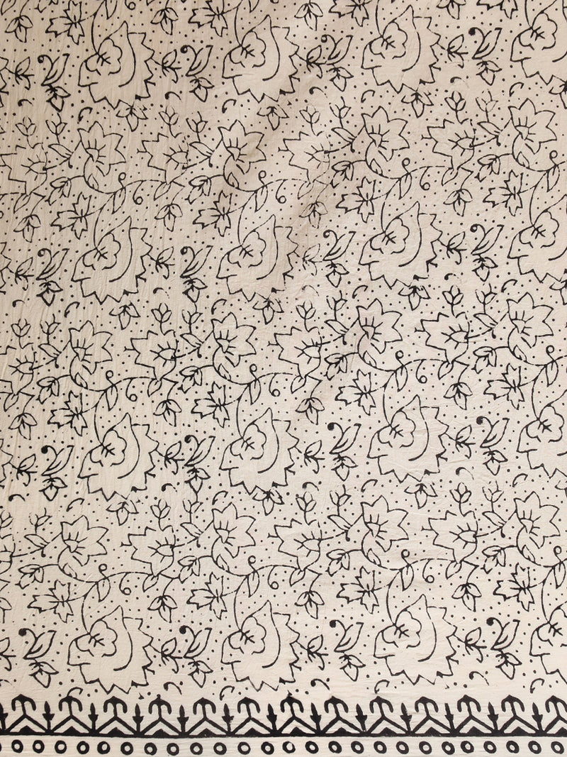 Black Floral Motif Handblock Printed Mulmul Saree-Binks