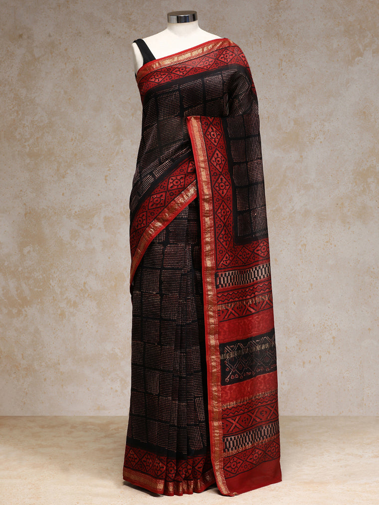 Black Geometric Handblock Ajrakh Printed Maheshwari Cotton Silk Saree, in Black Maheshwari Cotton Silk.