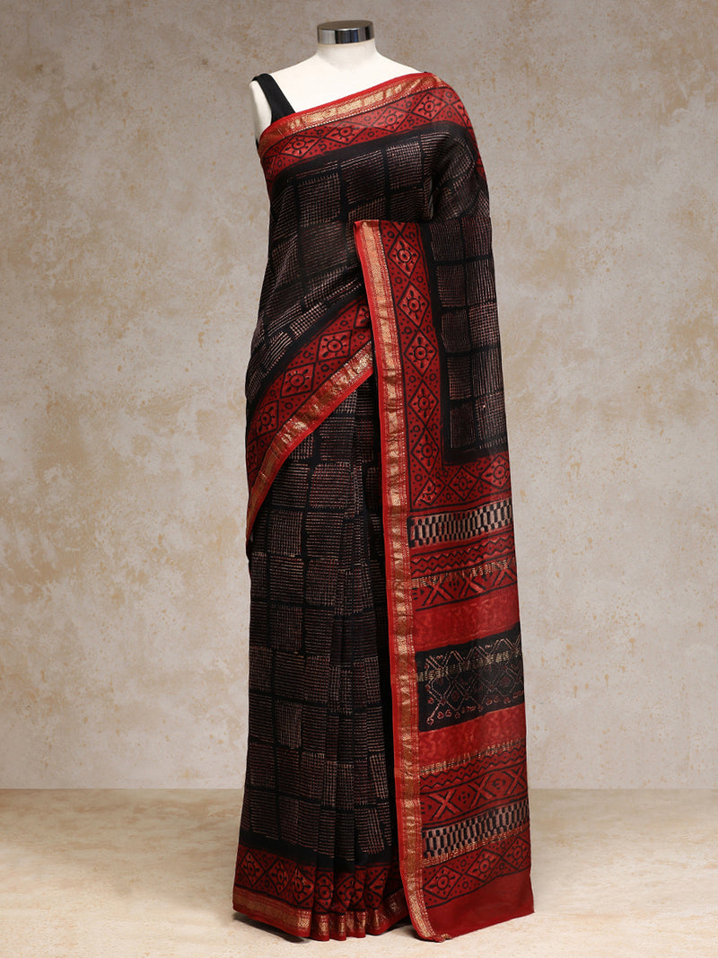 Black Geometric Handblock Ajrakh Printed Maheshwari Cotton Silk Saree-Binks