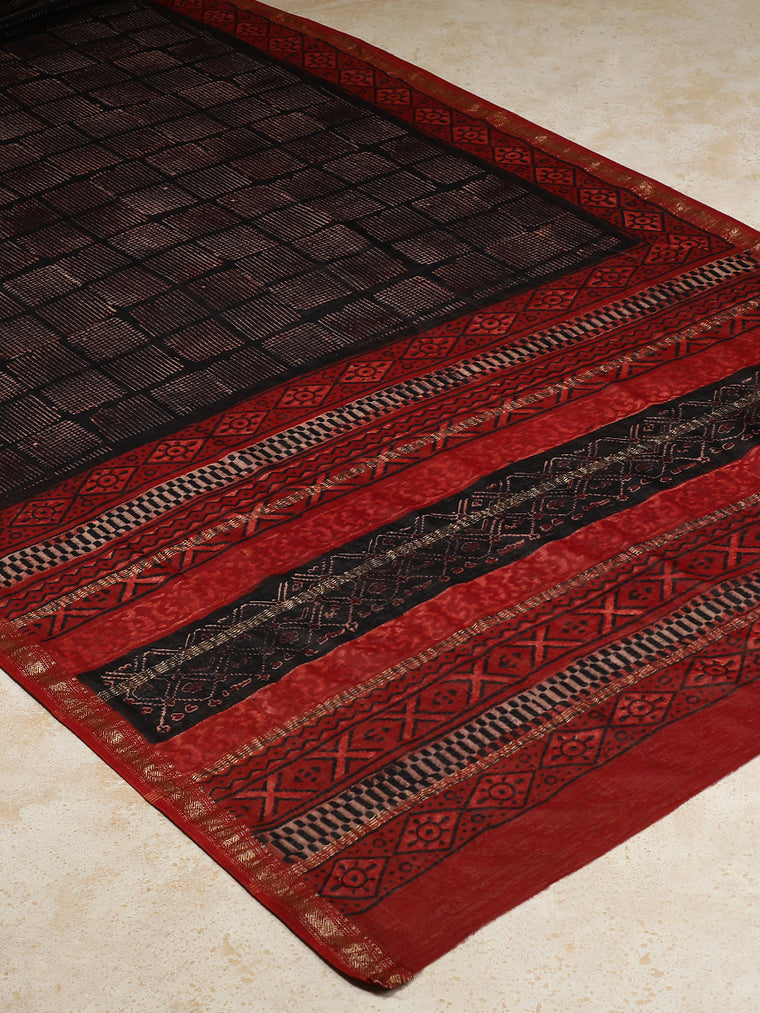 Black Geometric Handblock Ajrakh Printed Maheshwari Cotton Silk Saree, in Black Maheshwari Cotton Silk (view 2).