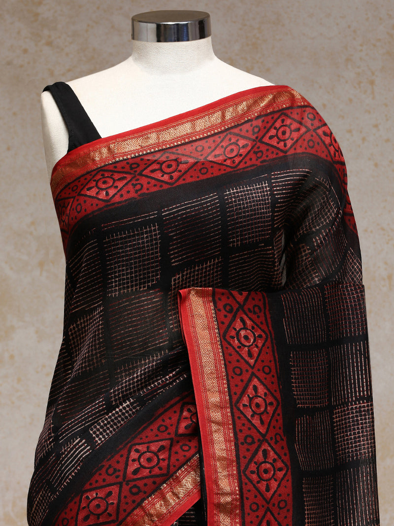 Black Geometric Handblock Ajrakh Printed Maheshwari Cotton Silk Saree-Binks