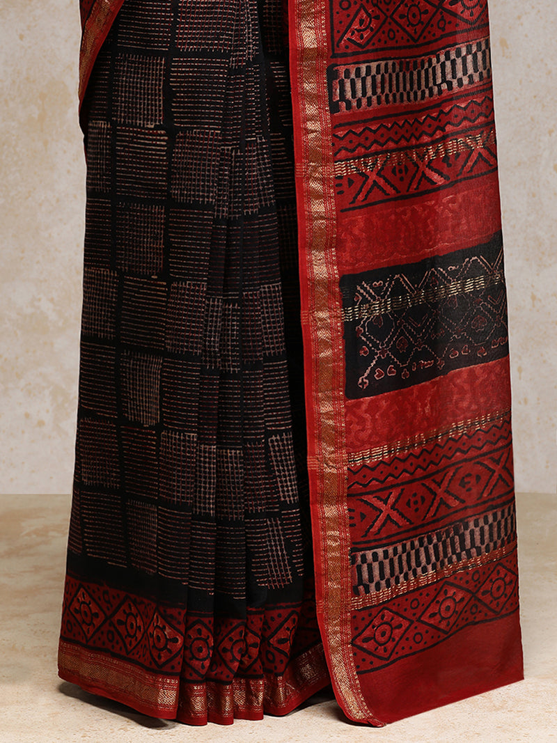 Black Geometric Handblock Ajrakh Printed Maheshwari Cotton Silk Saree-Binks