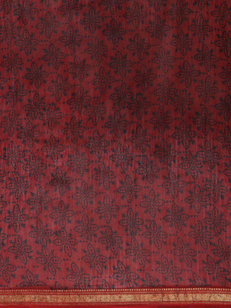 Black Geometric Handblock Ajrakh Printed Maheshwari Cotton Silk Saree-Binks