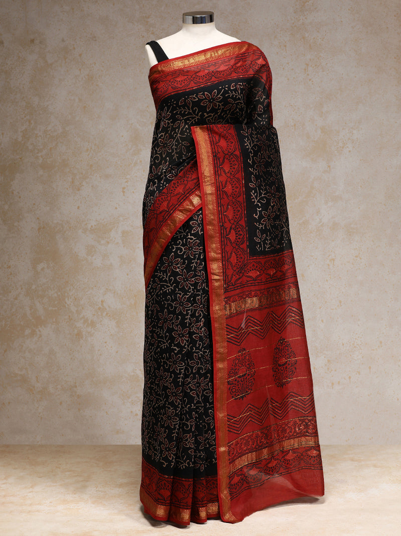 Black Floral Handblock Ajrakh Printed Maheshwari Cotton Silk Saree-Binks