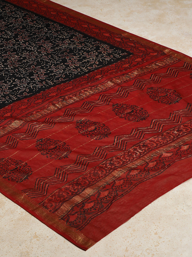 Black Floral Handblock Ajrakh Printed Maheshwari Cotton Silk Saree-Binks