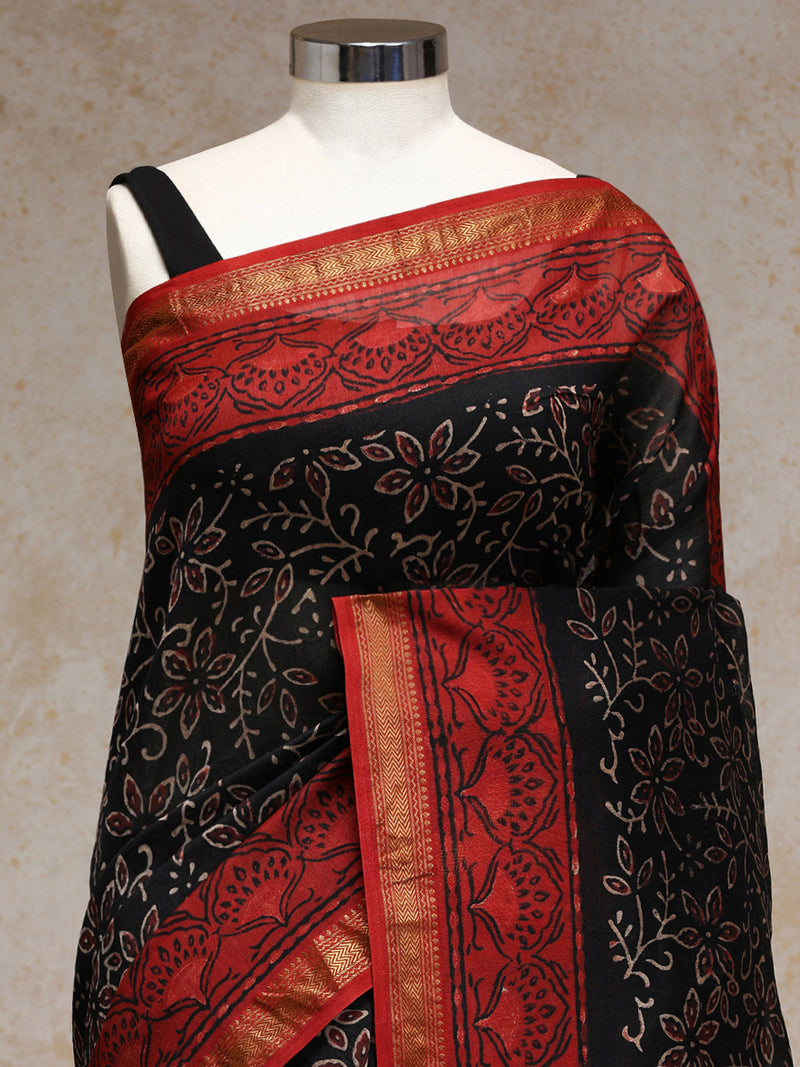 Black Floral Handblock Ajrakh Printed Maheshwari Cotton Silk Saree-Binks