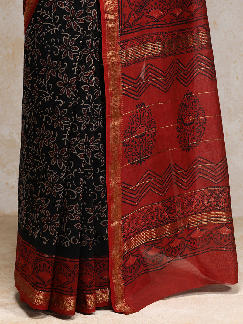 Black Floral Handblock Ajrakh Printed Maheshwari Cotton Silk Saree-Binks