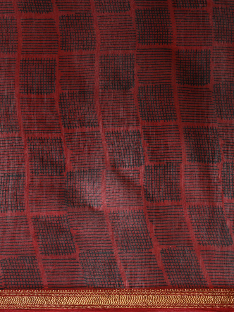 Black Floral Handblock Ajrakh Printed Maheshwari Cotton Silk Saree-Binks