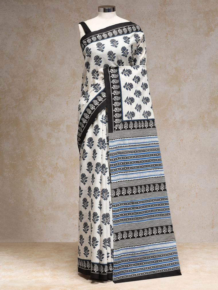 Blue & White Handblock Printed Vanspati Mulmul Saree, in White 100% Cotton, made for daily & work.