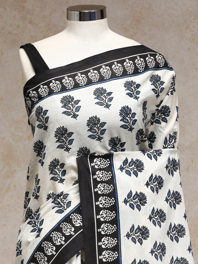 Blue & White Handblock Printed Vanspati Mulmul Saree-Binks