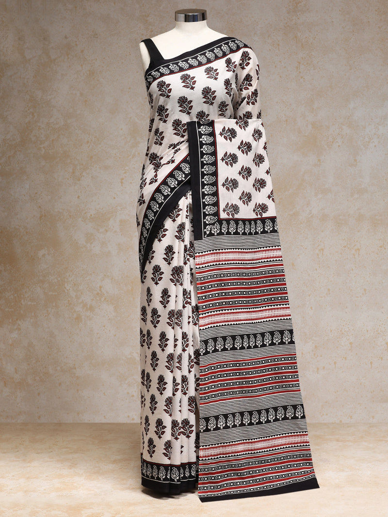 Red & White Handblock Printed Vanspati Mulmul Saree-Binks