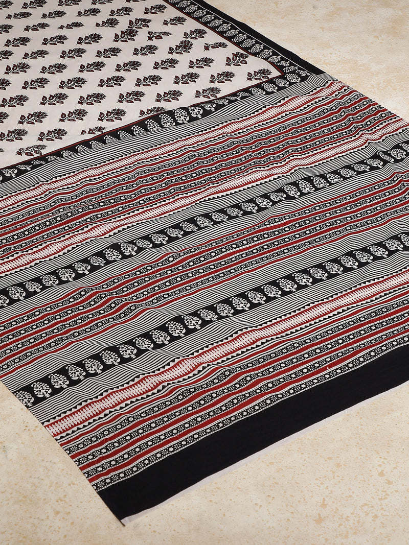 Red & White Handblock Printed Vanspati Mulmul Saree-Binks