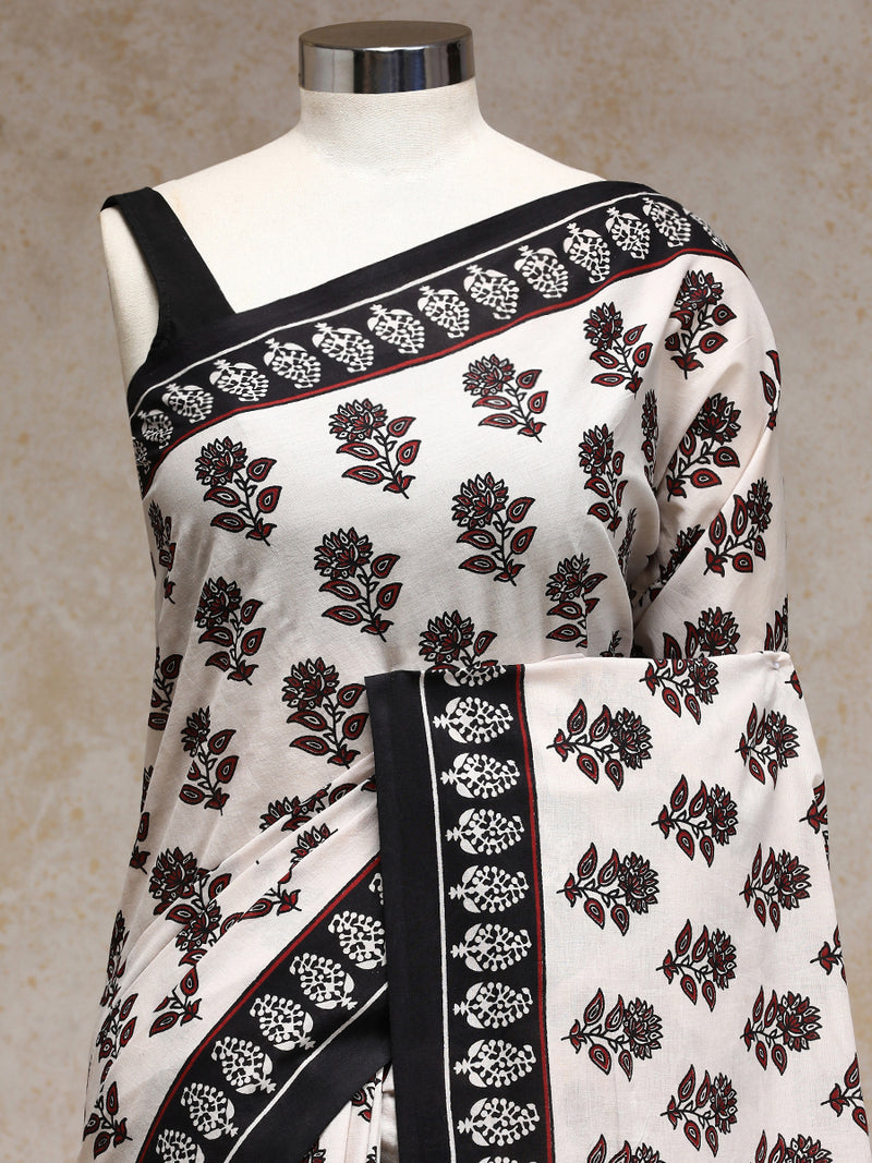 Red & White Handblock Printed Vanspati Mulmul Saree-Binks