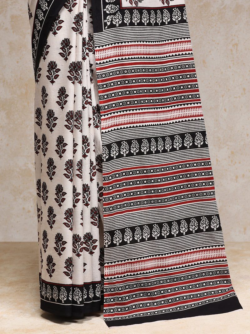 Red & White Handblock Printed Vanspati Mulmul Saree-Binks