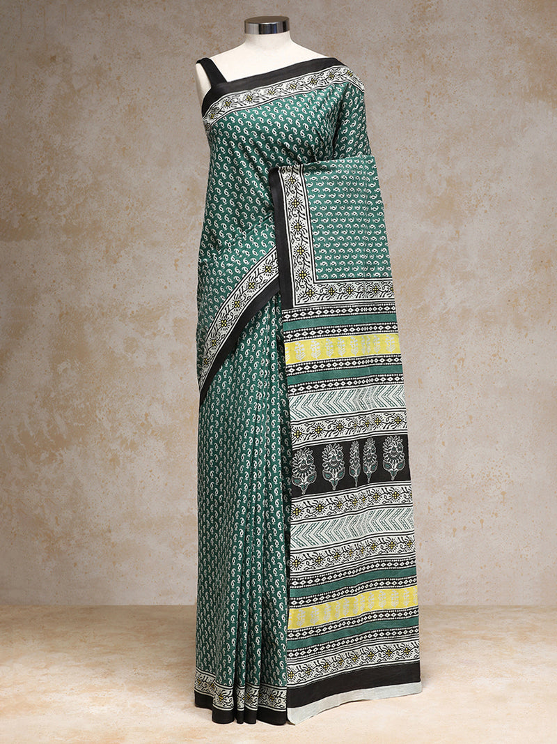 Sage Green Handblock Printed Mango Motif Mulmul Saree-Binks