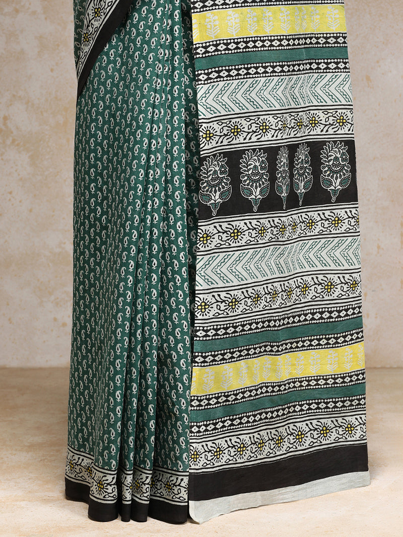 Sage Green Handblock Printed Mango Motif Mulmul Saree-Binks