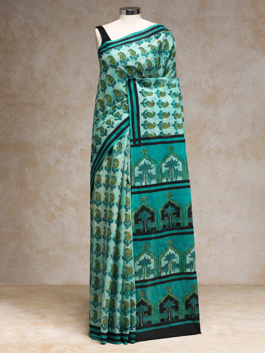 Aqua Blue Handblock Printed Ajrakh Mulmul Saree, in Blue 100% Cotton, made for daily & work.