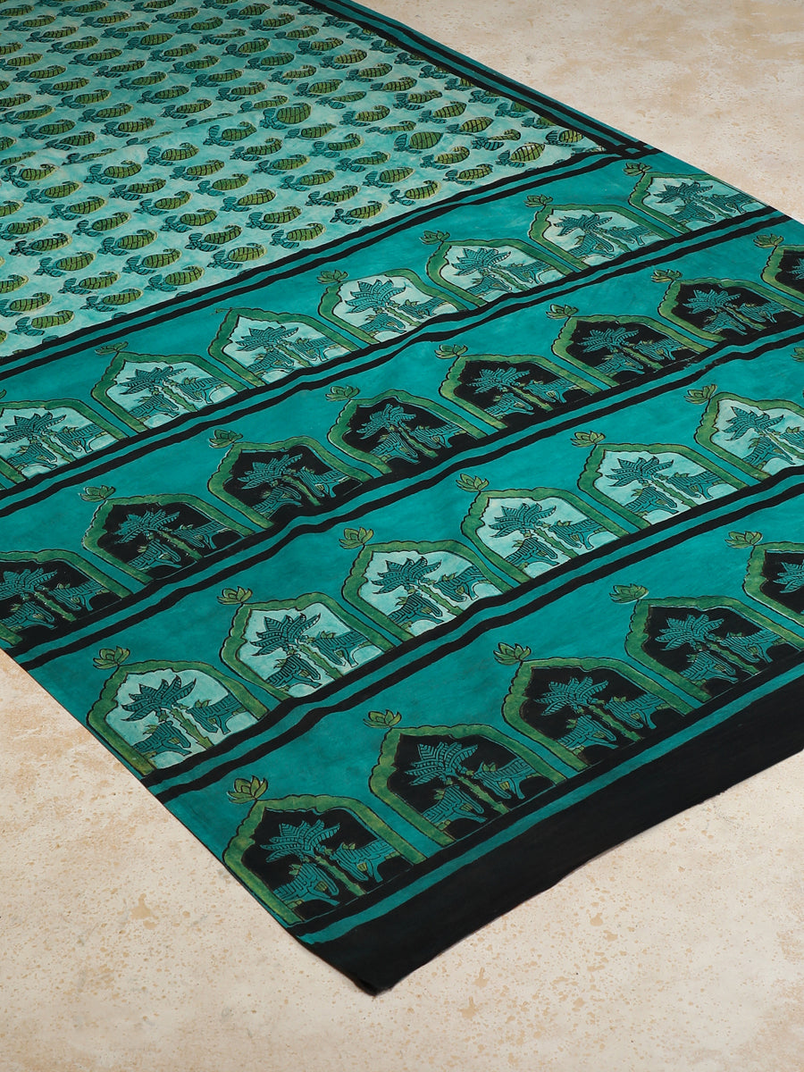 Aqua Blue Handblock Printed Ajrakh Mulmul Saree, in Blue 100% Cotton, made for daily & work (view 2).