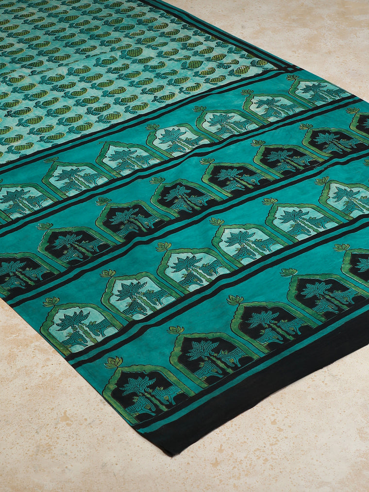 Aqua Blue Handblock Printed Ajrakh Mulmul Saree, in Blue 100% Cotton, made for daily & work (view 2).