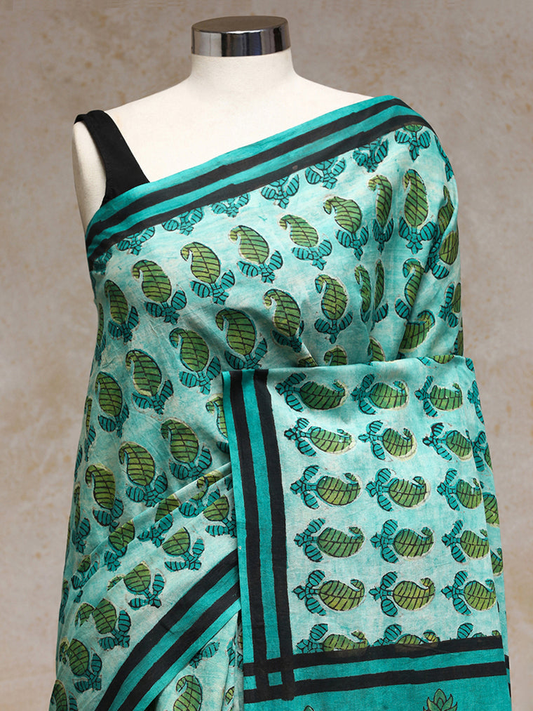 Aqua Blue Handblock Printed Ajrakh Mulmul Saree, in Blue 100% Cotton, made for daily & work (view 3).