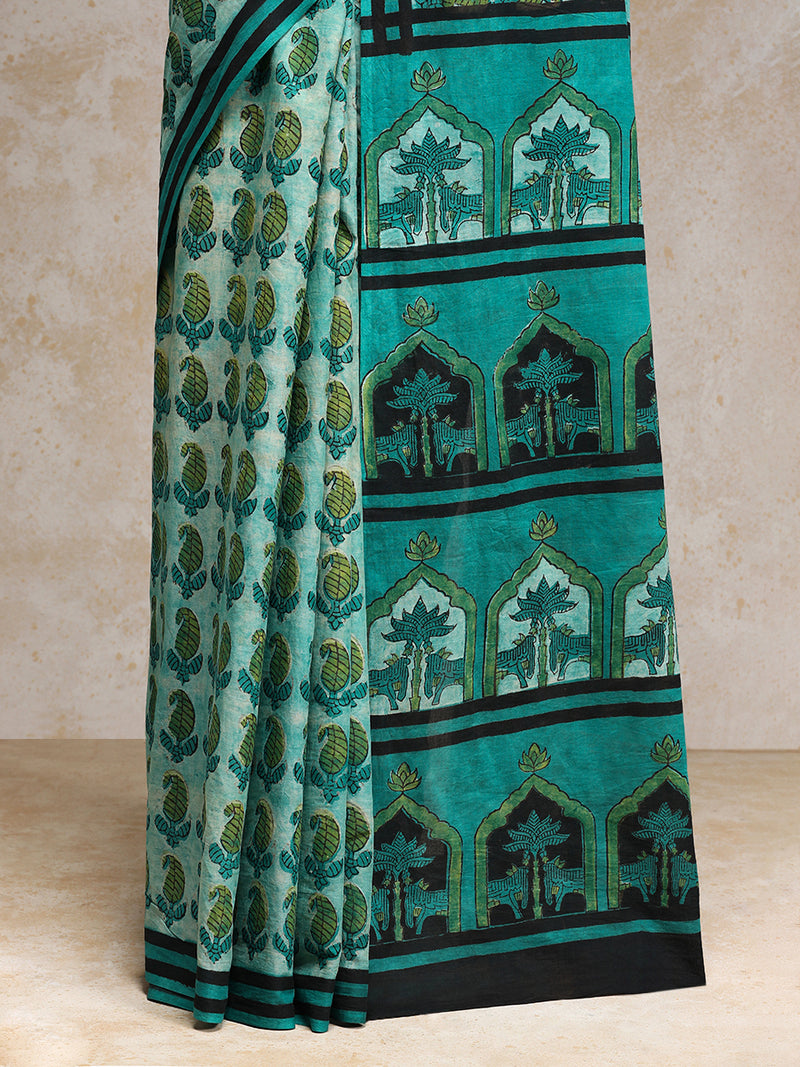 Aqua Blue Handblock Printed Ajrakh Mulmul Saree-Binks