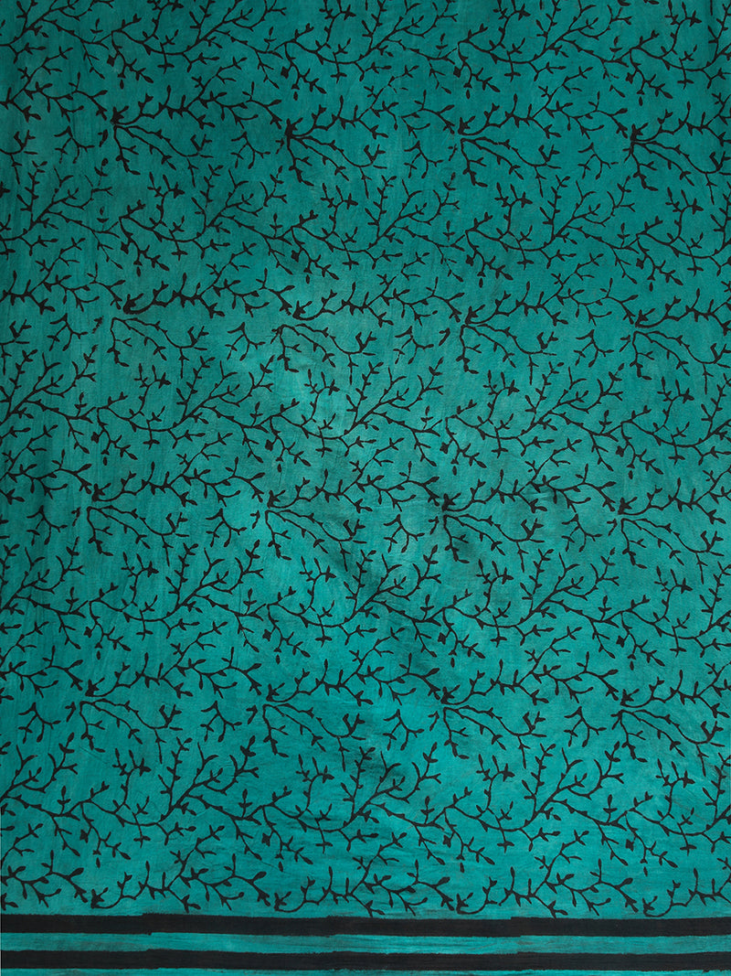Aqua Blue Handblock Printed Ajrakh Mulmul Saree-Binks