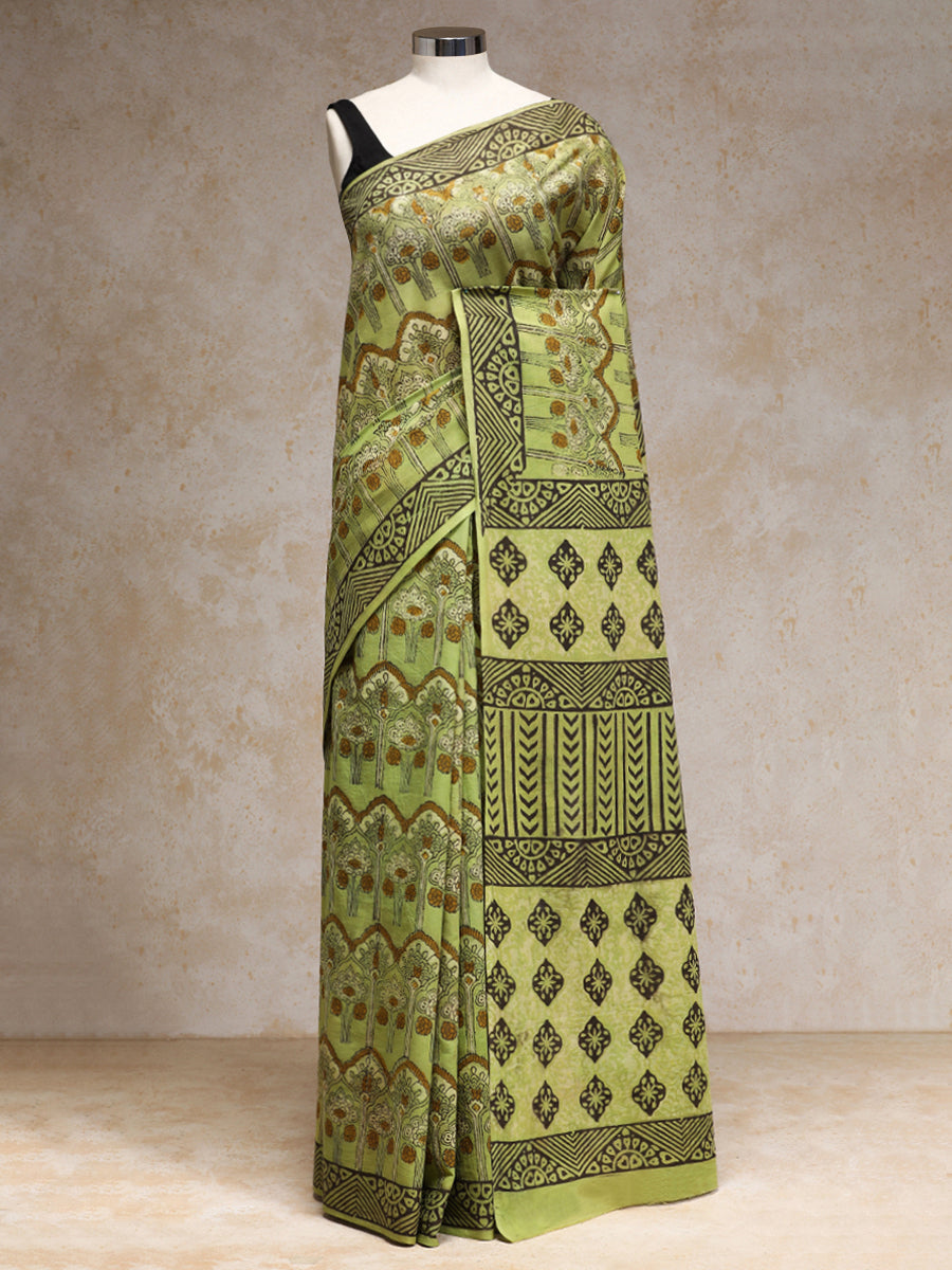 Sage Green Handblock Printed Ajrakh Mulmul Saree, in Green 100% Cotton, made for daily & work.