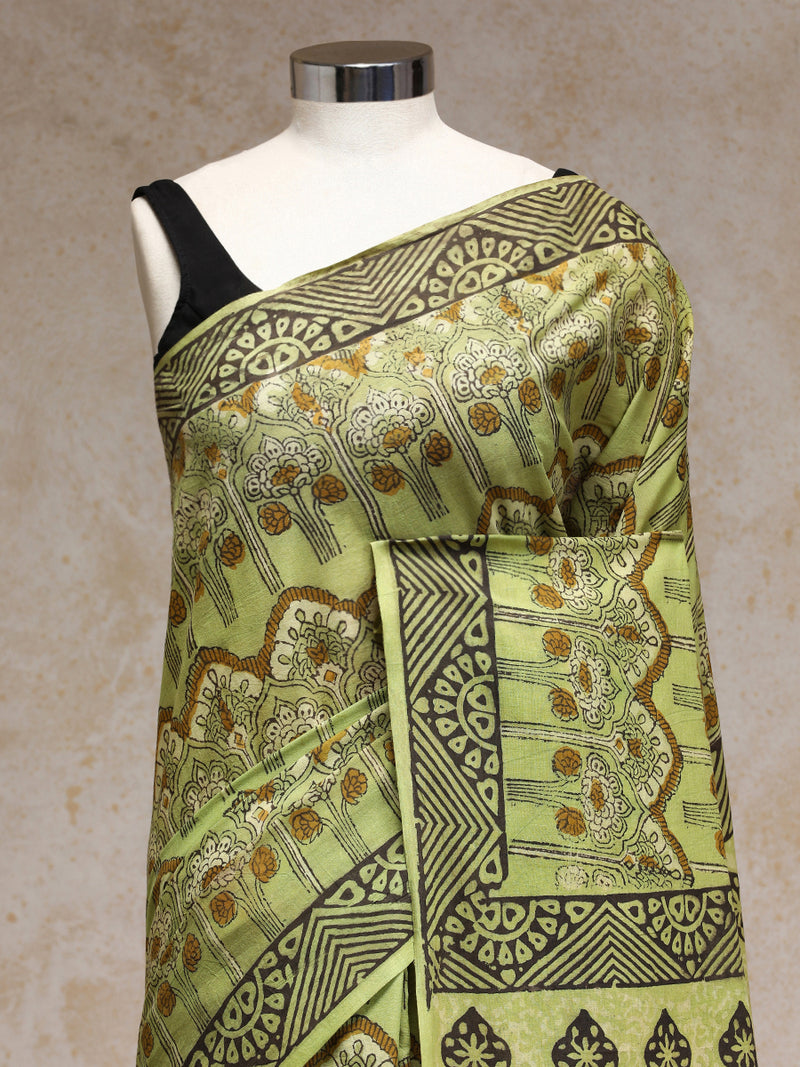 Sage Green Handblock Printed Ajrakh Mulmul Saree-Binks