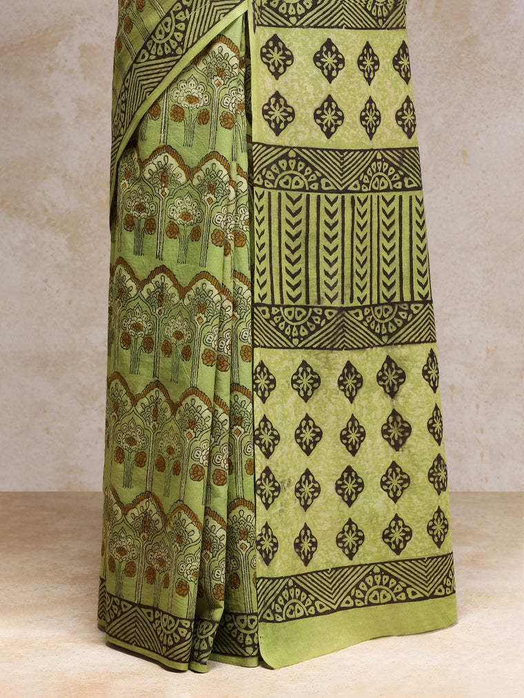 Sage Green Handblock Printed Ajrakh Mulmul Saree, in Green 100% Cotton, made for daily & work (view 3).