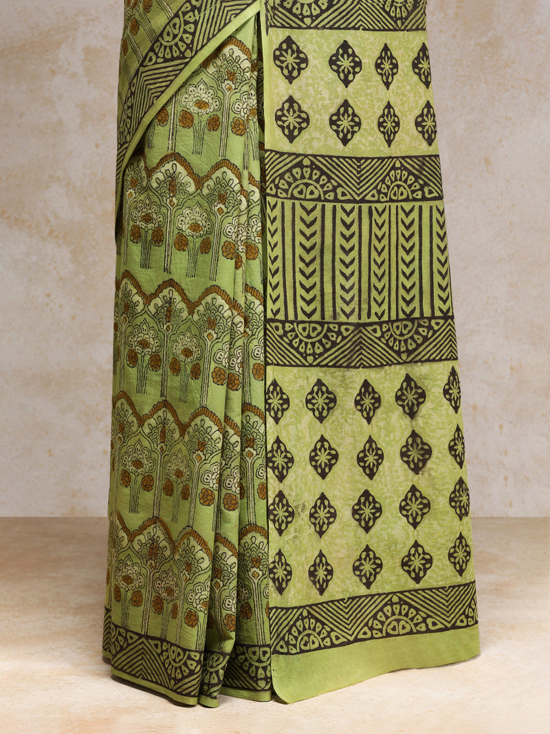 Sage Green Handblock Printed Ajrakh Mulmul Saree-Binks