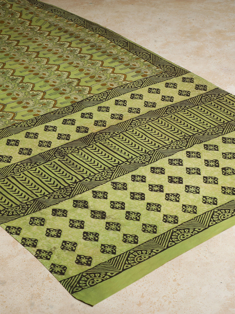 Sage Green Handblock Printed Ajrakh Mulmul Saree-Binks