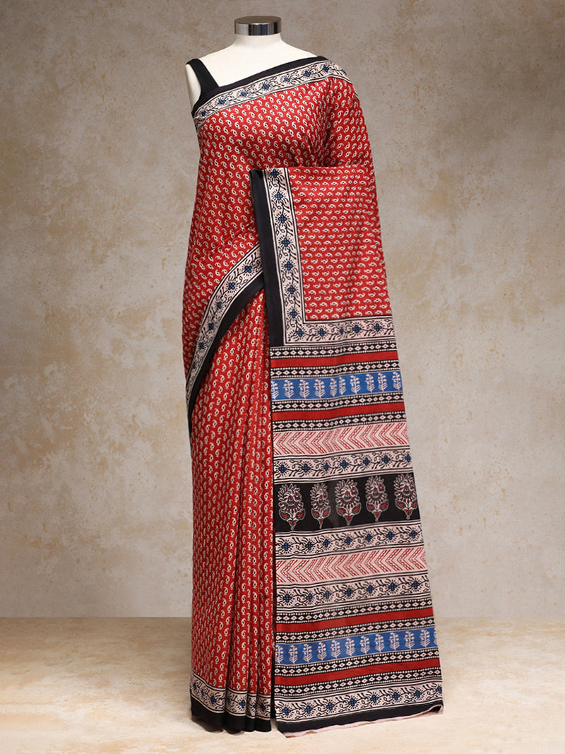 Clay Red Handblock Printed Mango Motif Mulmul Saree-Binks