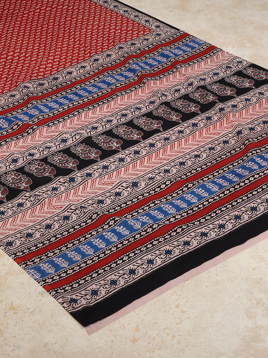 Clay Red Handblock Printed Mango Motif Mulmul Saree, in Red 100% Cotton, made for daily & work (view 2).