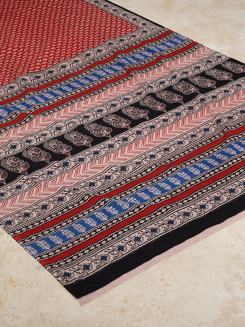 Clay Red Handblock Printed Mango Motif Mulmul Saree-Binks