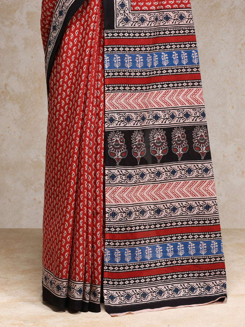 Clay Red Handblock Printed Mango Motif Mulmul Saree-Binks