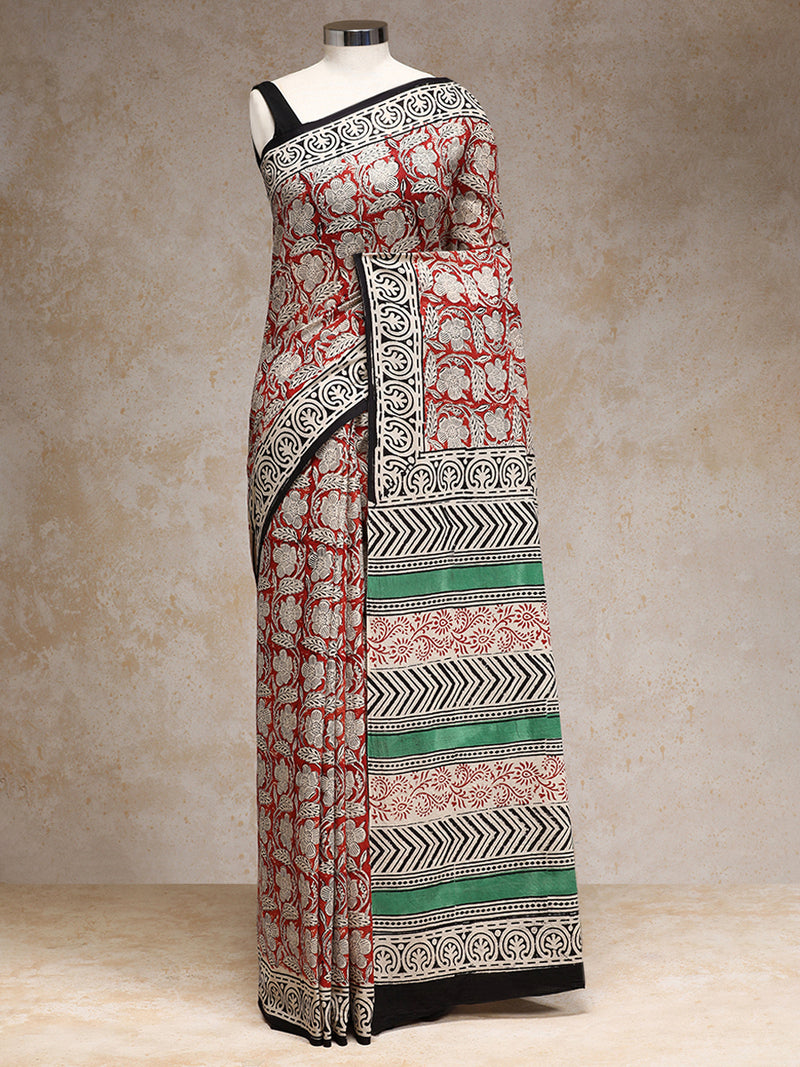 Brick Red Handblock Printed Bagh Mulmul Saree-Binks
