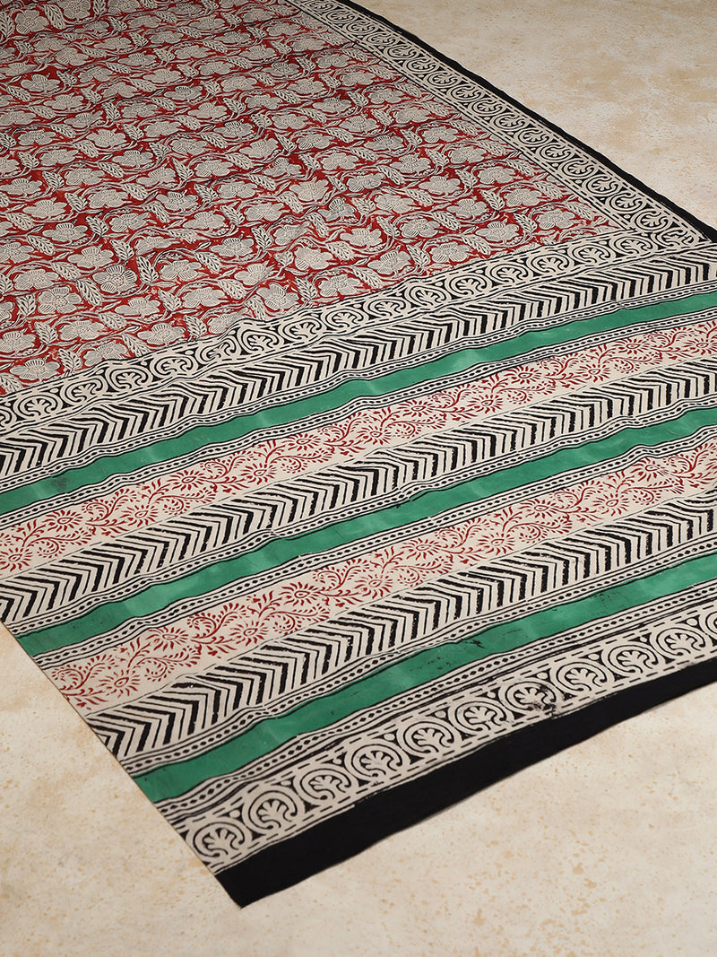 Brick Red Handblock Printed Bagh Mulmul Saree-Binks
