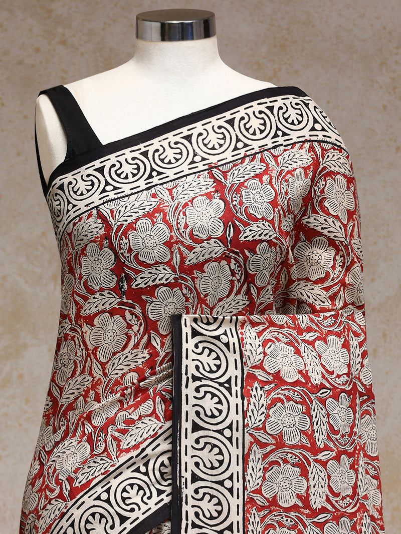 Brick Red Handblock Printed Bagh Mulmul Saree-Binks
