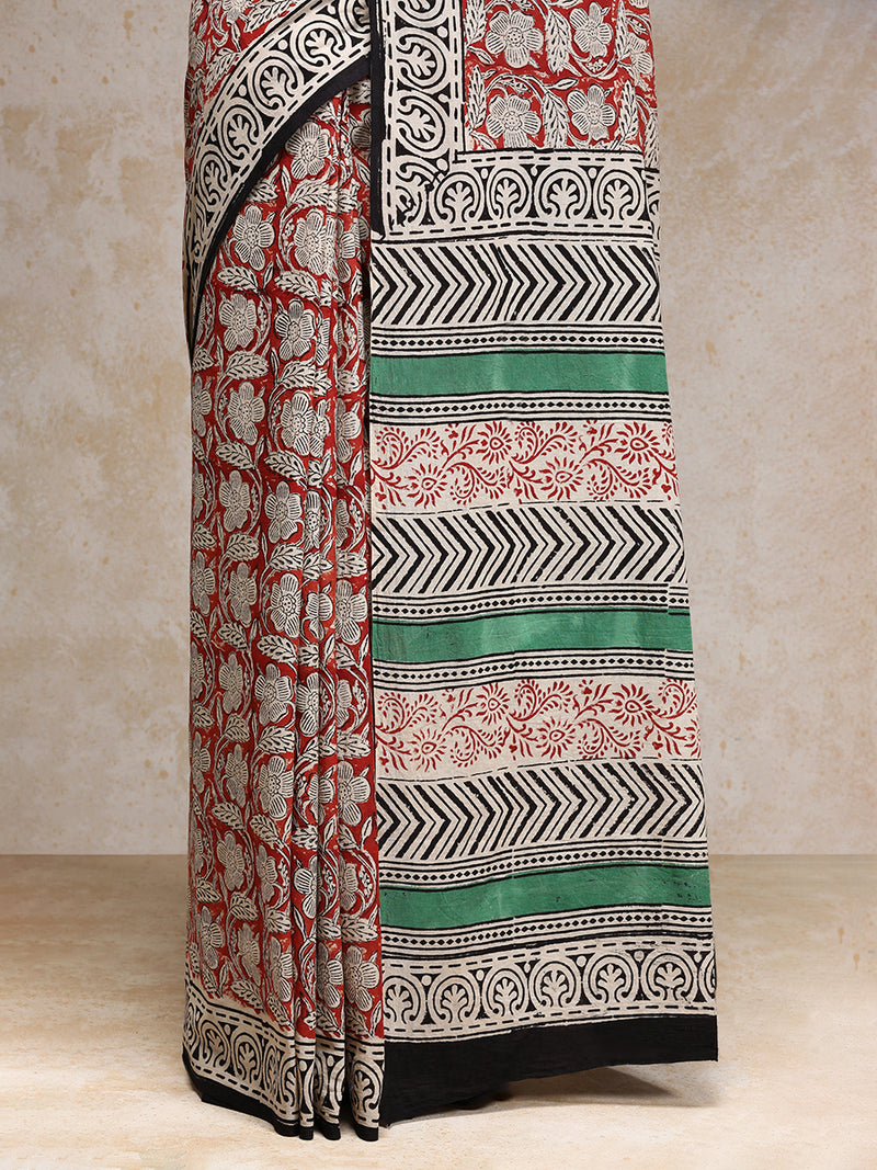 Brick Red Handblock Printed Bagh Mulmul Saree-Binks