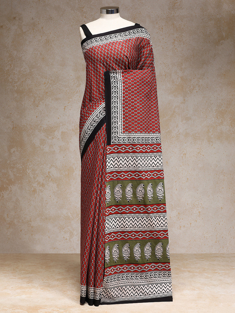 Terracotta Red Handblock Printed Mango Motif Mulmul Saree-Binks